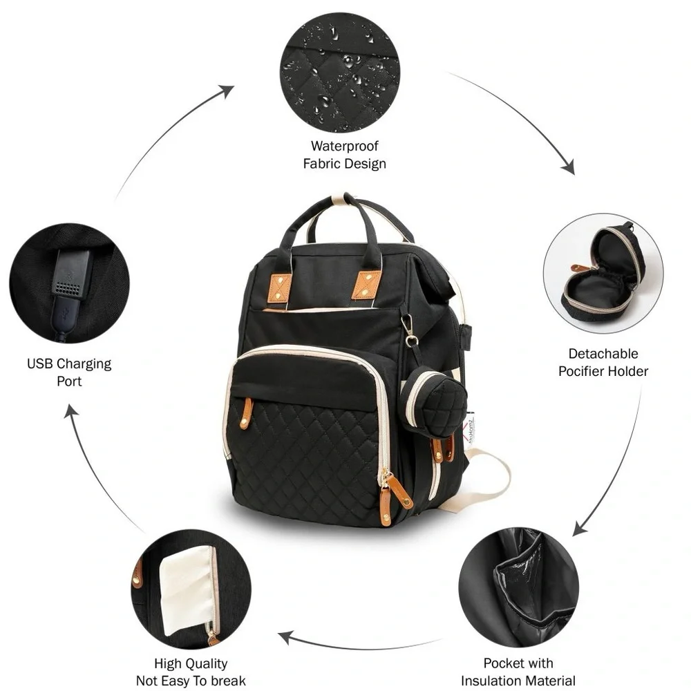Akshomz Diaper Bag Backpack with Changing Station, Black Tan NEW